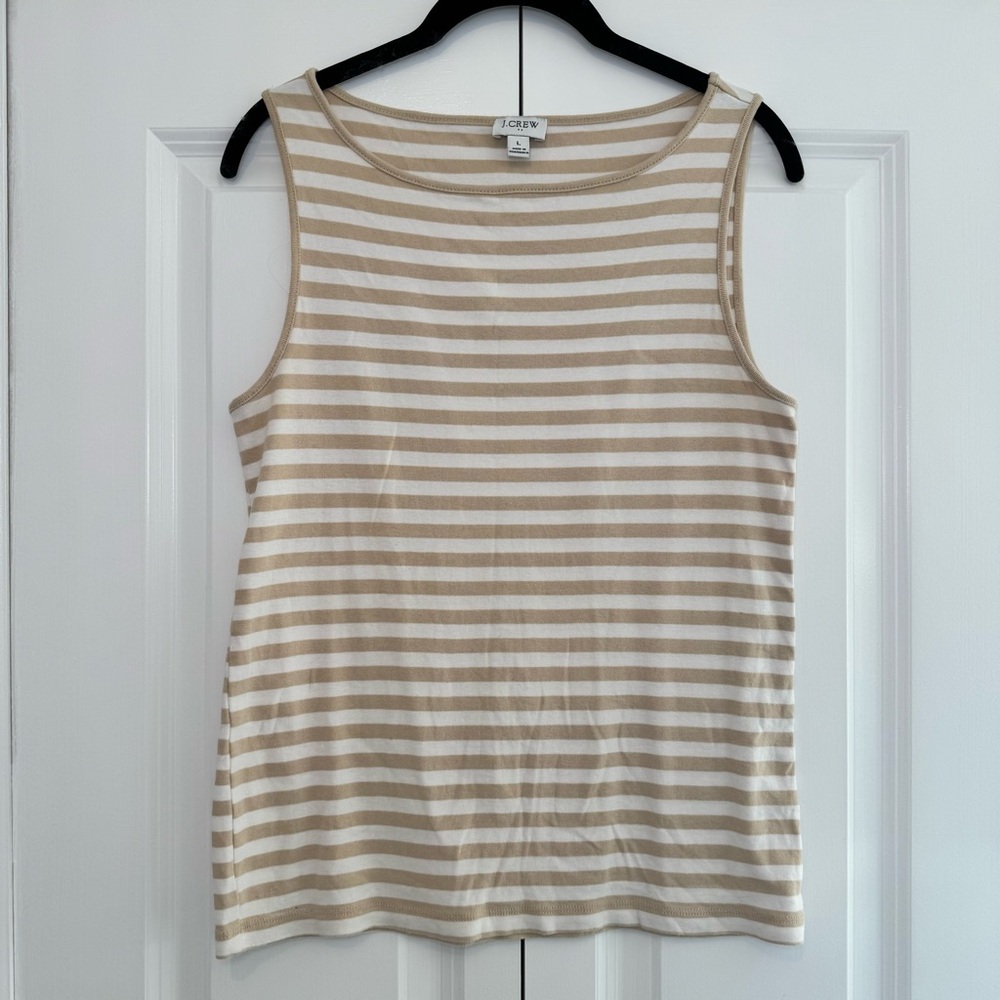 J. Crew Tan and White Striped Boatneck Tank Top